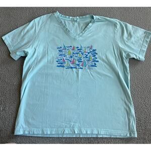 Fresh Produce T-Shirt XXL Boat Sailing Fish Graphic Short Sleeve V-Neck Blue 2XL